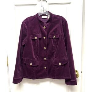 Chico’s Jacket Purple Velvet Coat Womens Medium Military Style Gold Buttons